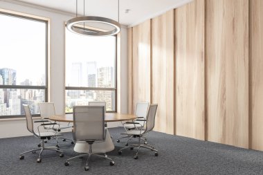 Ahşap ve beyaz duvarlar, halı zemin, iki büyük pencere ve beyaz sandalye ile yuvarlak masa ile ofis toplantı odası Köşesi. 3d render
