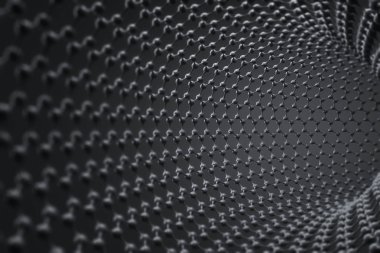 Siyah arka plan üzerinde gri karbon molekülü atomik kılavuz. Nanoteknoloji ve bilim kavramı. 3D render