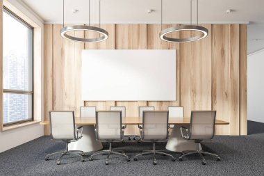 Toplantı salonu ile ahşap duvarlar, halı kaplı zemin, geniş pencere ve beyaz sandalye ile uzun ahşap masa ofis yan görünüm. Hoizontal poster. 3D render alay