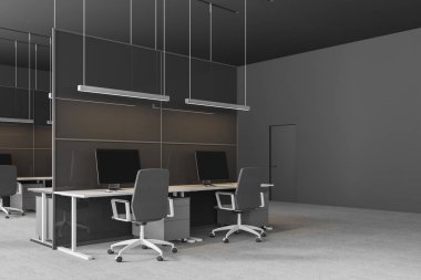 Gri ve cam duvarlar, beton zemin ve onlara yakın gri sandalye ile birkaç beyaz ve gri Bilgisayar masaları ile modern ofis köşesinde. 3D render
