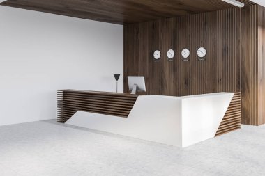 Beyaz ve ahşap duvarlar, kiremitli kat ve bilgisayar ve saatler ile beyaz ve ahşap resepsiyon masası ile modern ofis köşesinde duvara. 3D render