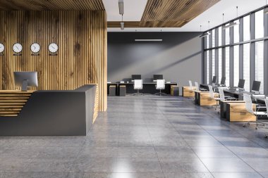 Gri ve ahşap duvarlar, kiremitli kat, beyaz sandalye ile bilgisayar tabloları satırları ve gri ve ahşap resepsiyon masası ile modern ofis iç. 3D render