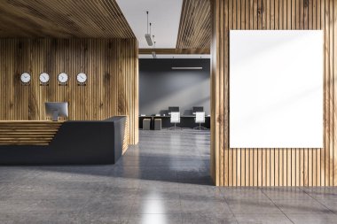Gray and wooden reception desk with computer and clocks above it standing in office with gray and wooden walls and vertical poster. 3d rendering mock up