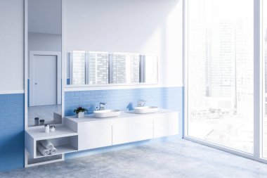 Modern banyo beyaz ve mavi tuğla duvar, beton zemin ve yatay ve dikey aynalar ile beyaz tezgah üzerinde çift lavabo duran köşesinde. 3D render