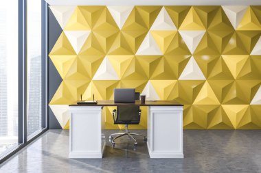 Ceo office sarı geometrik desen duvar, beton zemin, panoramik pencere ve beyaz ve ahşap bilgisayar masa üstünde onu laptop ile iç. 3D render