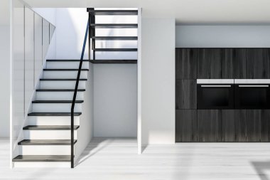 Beyaz duvarları, ahşap zemin, koyu ahşap dolap iki soba ve ikinci katta merdiven inşa ile modern mutfak iç. 3D render