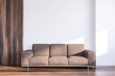 Beyaz ve koyu ahşap duvarlar, koyu ahşap zemin ve kahverengi kanepe minimalist oturma odası iç. 3D render