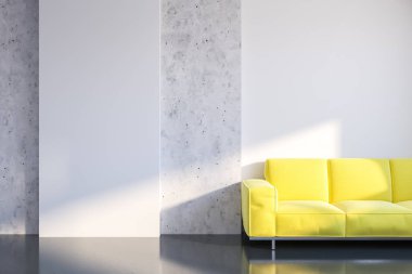 Beyaz ve taş duvarlar, gri zemin ve parlak sarı kanepe ile minimalist oturma odası iç. 3d render