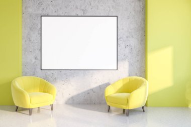 Beyaz ve taş duvarlar, beton zemin ve üstlerinde yatay poster ile iki sarı koltuk ile minimalist oturma odası Iç. 3d render mock up