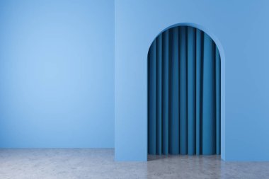 İç beton zemin ile boş oda ve içindeki mavi perde ile açılış kapı ile mavi duvar. İç Tasarım kavramı. 3D render alay