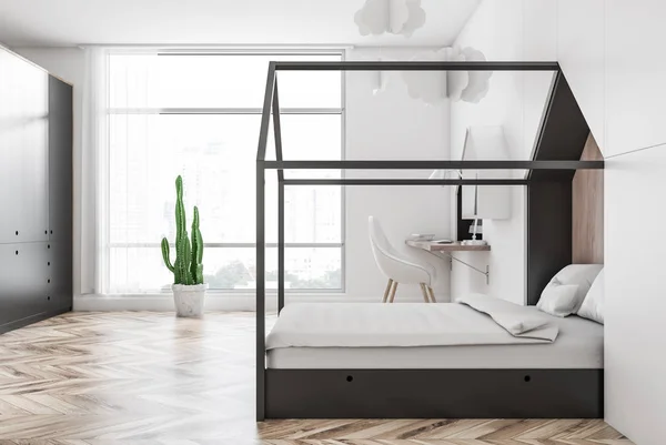 Side View Kids Bedroom White Walls Wooden Floor Stylish Black — Zdjęcie stockowe