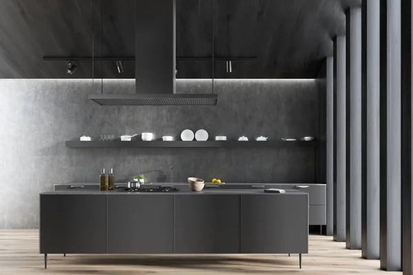 Innenraum Der Modernen Küche Mit Grauen Wänden Holzboden Grauen Arbeitsplatten — Stockfoto
