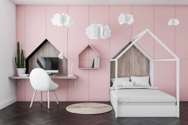 Interior of kids bedroom with white and pink walls, dark wooden floor, stylish white and wooden bed and computer table with white chair. Paper clouds. 3d rendering