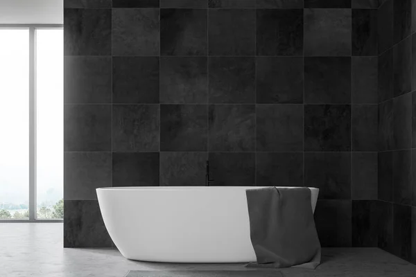 Bagno Interno Minimalista Con Pareti Piastrelle Nere Pavimento Cemento Grande — Foto Stock