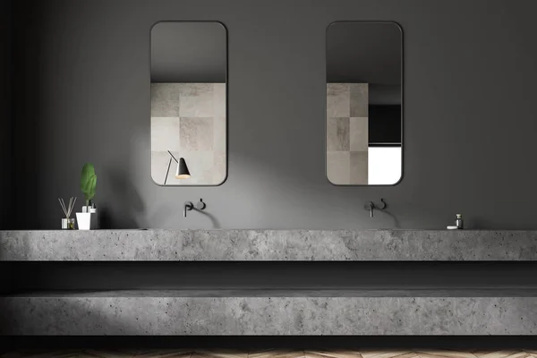 Close Double Bathroom Sink Made Gray Stone Two Vertical Mirrors — Stock Photo, Image