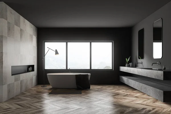 Interno Del Bagno Moderno Con Pareti Piastrellate Grigie Beige Doppio — Foto Stock