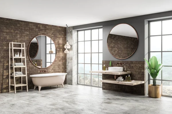 Corner Modern Bathroom Brick Walls Concrete Floor White Bathtub Mirror — Stok fotoğraf