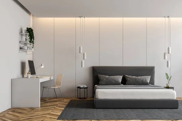 Interior Quarto Moderno Com Paredes Brancas Piso Madeira Cama Mestra — Fotografia de Stock