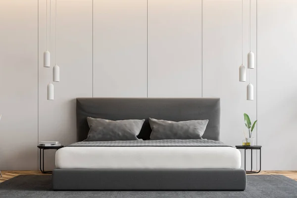 Minimalistic Bedroom Interior White Walls Wooden Floor Gray Master Bed — Zdjęcie stockowe