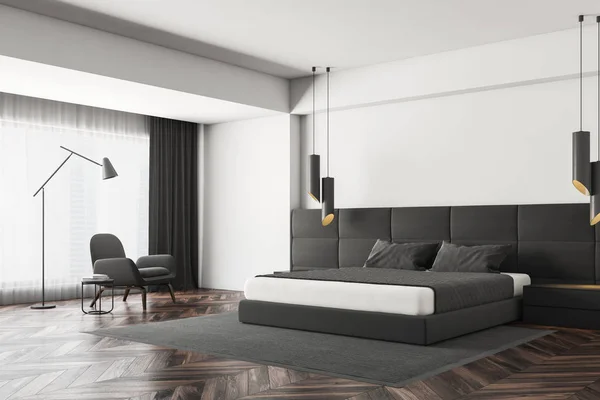 Corner Modern Bedroom White Walls Dark Wooden Floor Gray Master — Φωτογραφία Αρχείου