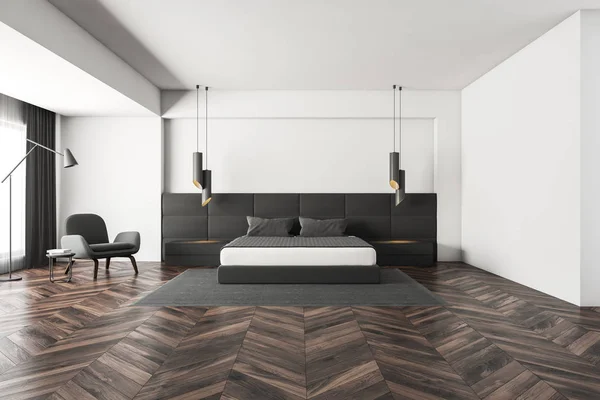 Wnętrze Sypialni Białe Ściany Drewniane Podłogi Szary Łóżko Stojące Dywan — Zdjęcie stockowe