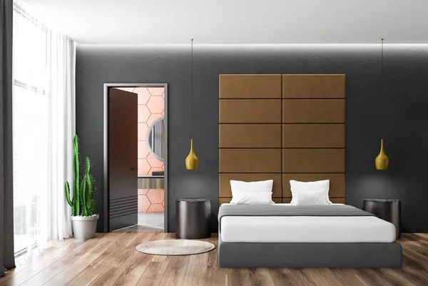 Interior Bedroom Gray Walls Wooden Floor Gray Master Bed Bedside — Stok fotoğraf