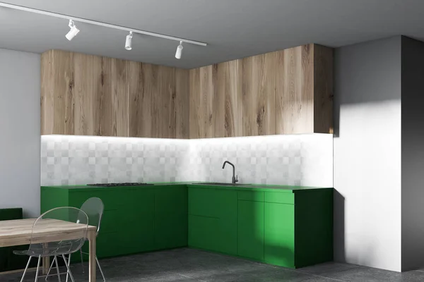 Corner Modern Kitchen White Walls Tiled Floor Green Countertops Wooden — 图库照片