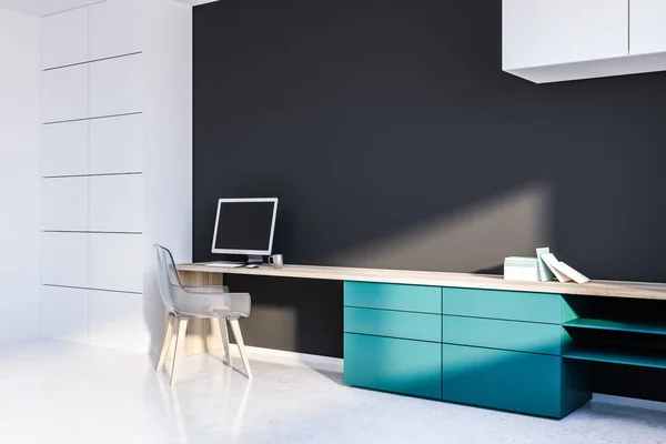 Corner of home office with gray walls, white floor, blue and wooden table with computer on it and transparent chair. 3d rendering