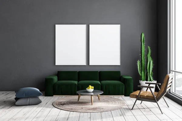 Gray Living Room Interior Light Wooden Floor Green Sofa Leather — Stock Photo, Image