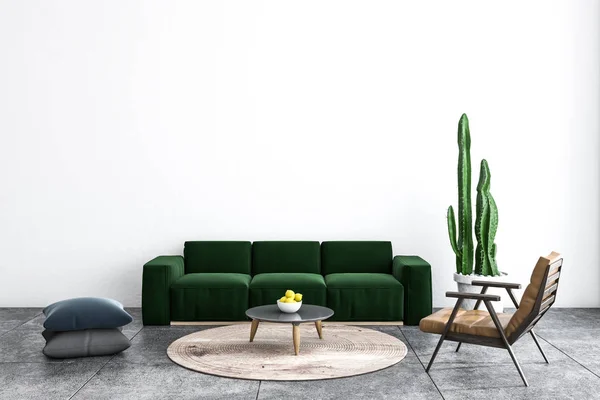 Minimalistic Living Room Interior White Walls Tiled Floor Dark Green — Stockfoto