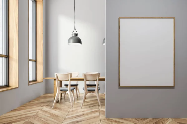 Interieur Van Eetkamer Met Grijze Muren Houten Vloer Houten Tafel — Stockfoto