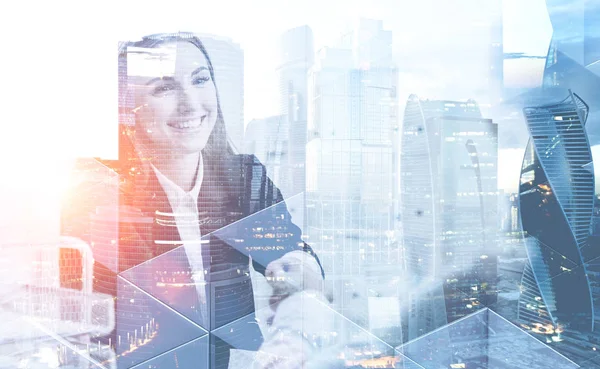 Cheerful Businesswoman Shaking Hands Her Office Double Exposure Cityscape Concept — 图库照片