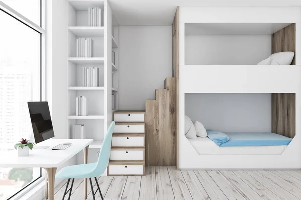 Interior Modern Bedroom White Walls Wooden Floor White Wooden Bunk — Stock Photo, Image