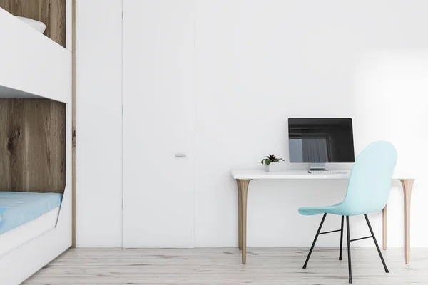 Interior Escritório Casa Com Mesa Computador Branco Madeira Com Área — Fotografia de Stock