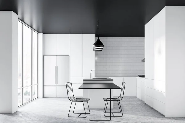 Intérieur Cuisine Moderne Avec Murs Briques Blanches Sol Béton Plafond — Photo