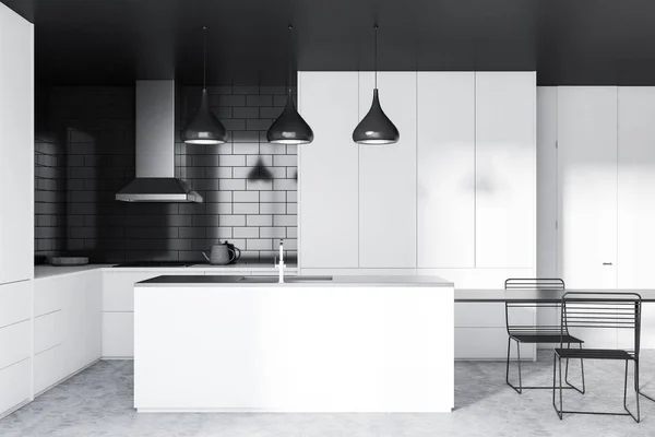 Interior Modern Kitchen Black Brick Walls Concrete Floor White Cupboards — Stock fotografie