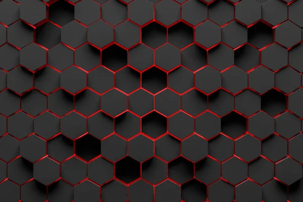 Αφηρημένα Φόντο Κατασκευασμένα Από Μαύρο Εξάγωνα Από Διαφορετικό Ύψος Κόκκινες — Φωτογραφία Αρχείου