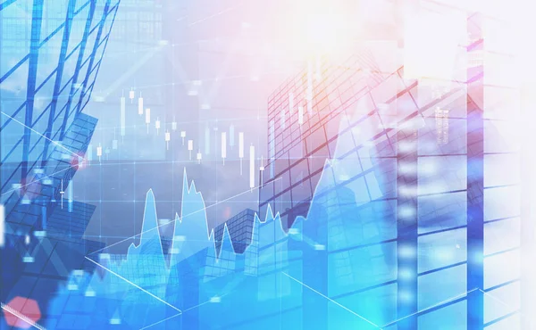 蓝色外汇图界面在摩天大楼的背景 股票市场和交易的概念 渲染色调图像双曝光 — 图库照片