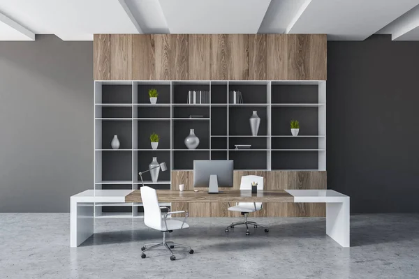 Interior Manager Office Gray Walls Concrete Floor White Wooden Computer — Stock Photo, Image