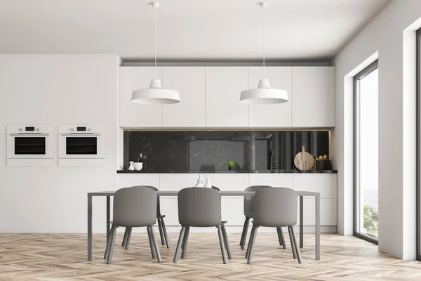 Interior Kitchen White Black Marble Walls Wooden Floor White Countertops — Stock Fotó