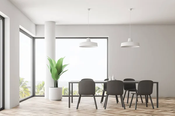 Interieur Minimalistischer Speisesaal Mit Weißen Wänden Holzboden Großen Fenstern Mit — Stockfoto