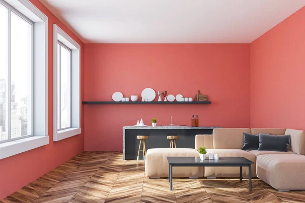 Interior of kitchen and living room with pink walls, wooden floor, gray bar with stools and beige sofa standing near gray coffee table. 3d rendering