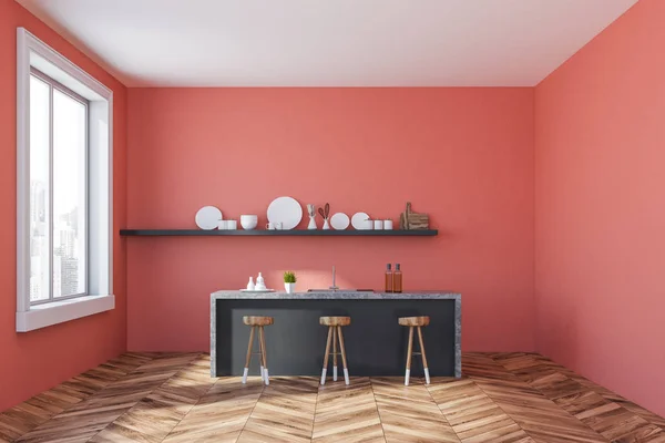 Interior of minimalistic kitchen with pink walls, wooden floor, window with cityscape, gray bar with stools and shelf with plates and dishes. 3d rendering