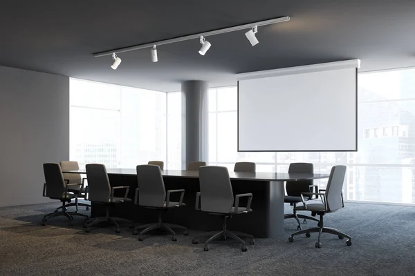 Escritório Sala Conferências Interior Com Paredes Cinza Janelas Panorâmicas Mesa — Fotografia de Stock