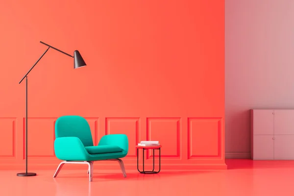 Minimalistic Living Room Interior Red Walls Floor Blue Armchair Standing — Zdjęcie stockowe