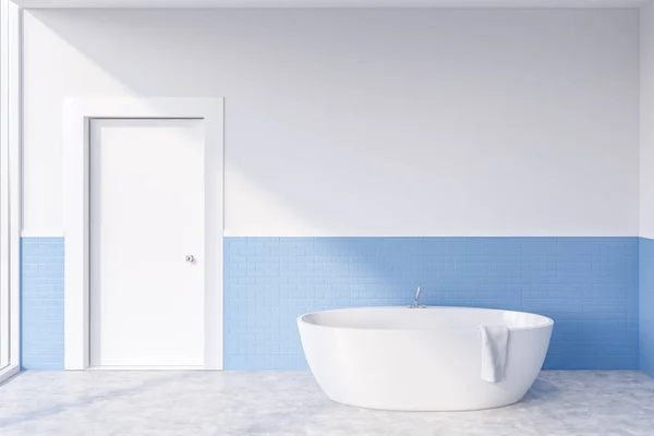 Interior Minimalistic Bathroom White Blue Brick Walls Concrete Floor White — Stok fotoğraf