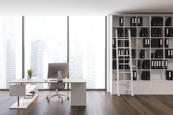 Stylish Ceo Office Interior White Walls Wooden Floor Panoramic Window — Zdjęcie stockowe