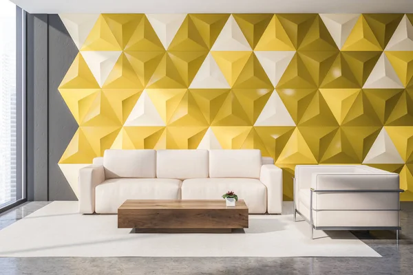 Wnętrze Biura Poczekalni Żółty Wzór Geometryczny Ścian Posadzek Betonowych Biały — Zdjęcie stockowe
