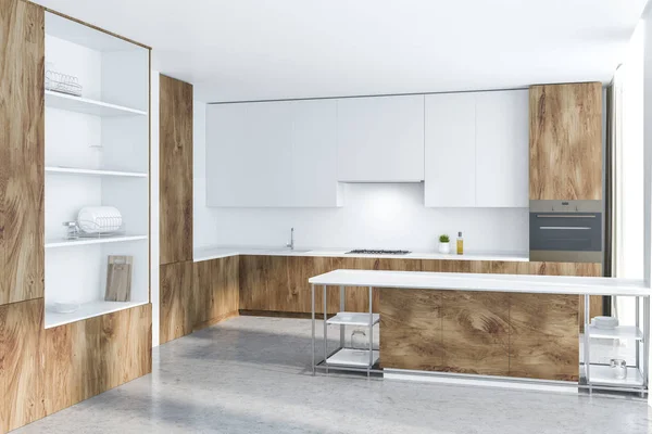 Interior of modern kitchen with white walls, concrete floor, wooden countertops and white and wooden island. White and wooden cupboard. 3d rendering