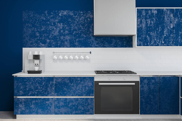 Interior of modern kitchen with blue walls, concrete floor, blue and white countertops with built in cooker and coffee machine. 3d rendering